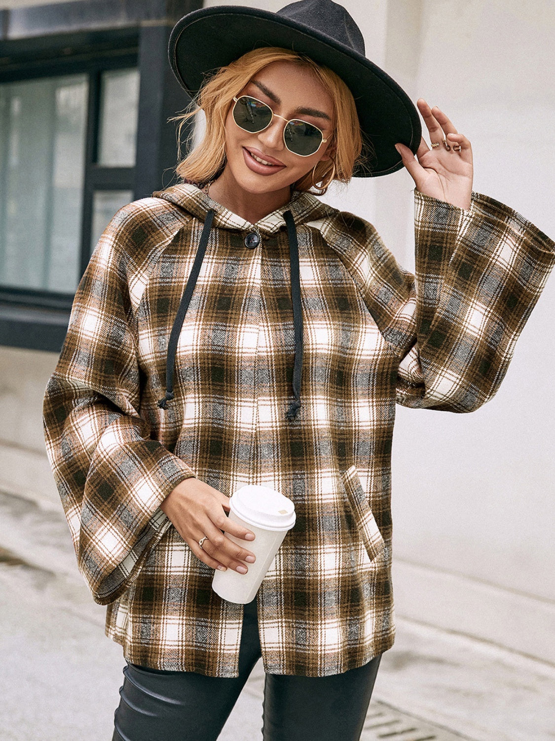 Pocketed Plaid Long Sleeve Hooded Jacket