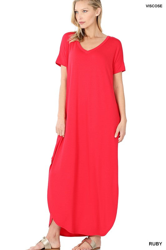 Viscose Fabric V-Neck Short Sleeve Maxi Dress