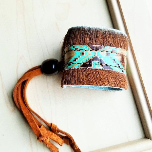 Boho Cuff Bracelet Navajo Turquoise, Hair on Hide