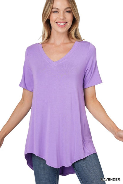 Luxe Rayon Short Sleeve V-Neck Hi-Low Hem Top