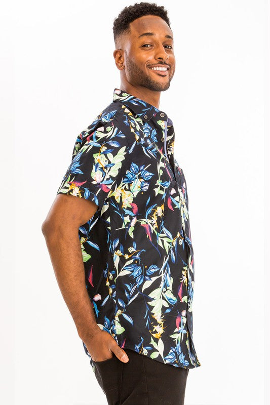 Weiv Mens Print Hawaiian Button Down Shirt