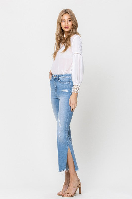 Mid Rise Crop Kick Flare With Side Slit  Jeans