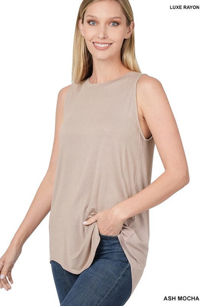 Luxe Rayon Sleeveless Round Neck Hi-Low Hem Top