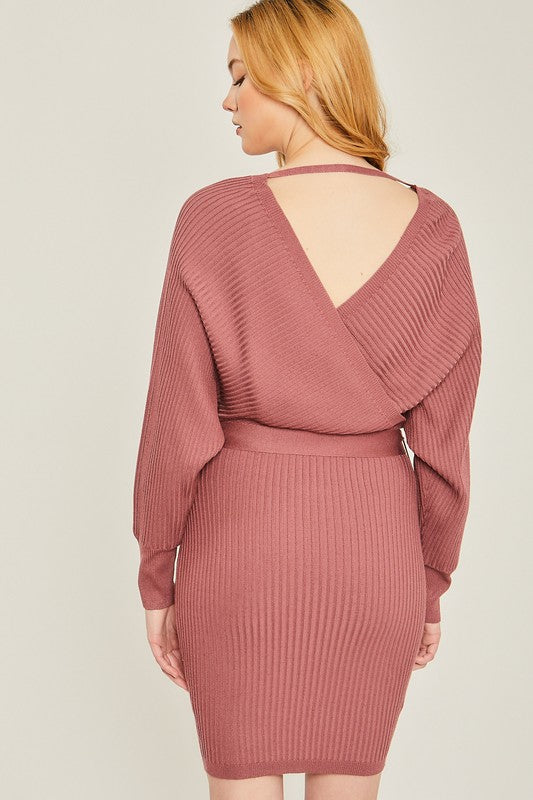 Off Shoulder Wrap Belted Ribbed Knit Dress