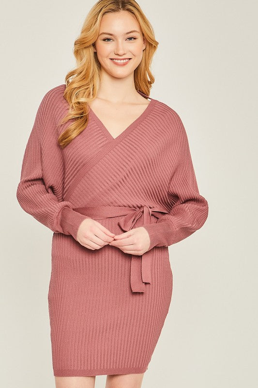 Off Shoulder Wrap Belted Ribbed Knit Dress