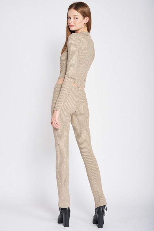 LONG SLEEVE BUTTON UP JUMPSUIT WITH SIDE CUT OUTS