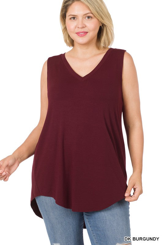 PLUS LUXE RAYON SLEEVELESS V-NECK HI-LOW HEM TOP