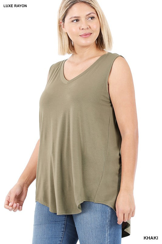 PLUS LUXE RAYON SLEEVELESS V-NECK HI-LOW HEM TOP