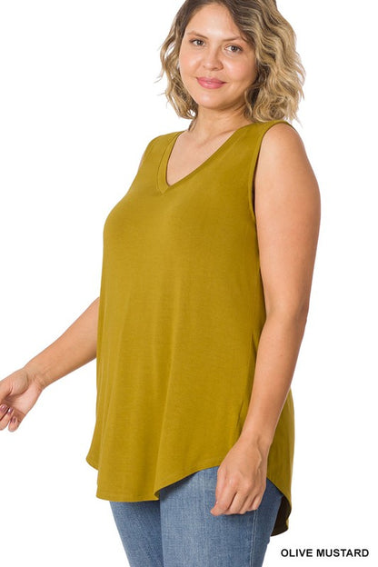 PLUS LUXE RAYON SLEEVELESS V-NECK HI-LOW HEM TOP