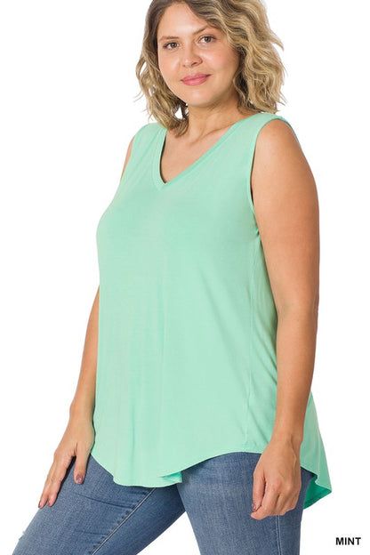 PLUS LUXE RAYON SLEEVELESS V-NECK HI-LOW HEM TOP