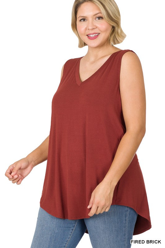 PLUS LUXE RAYON SLEEVELESS V-NECK HI-LOW HEM TOP