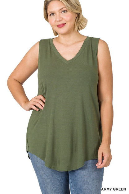 PLUS LUXE RAYON SLEEVELESS V-NECK HI-LOW HEM TOP