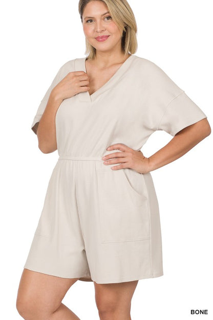 Plus Drop Shoulder V-Neck Romper with Pockets