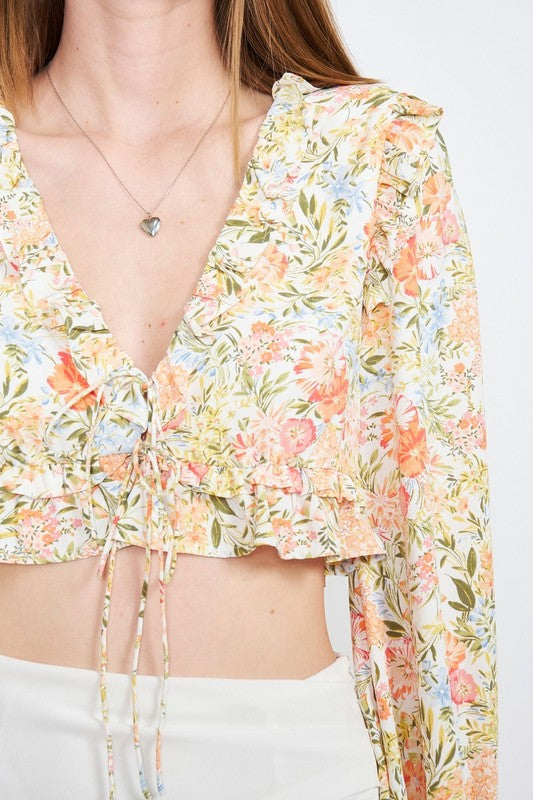 FLORAL PRINT RUFFLED CROP TOP