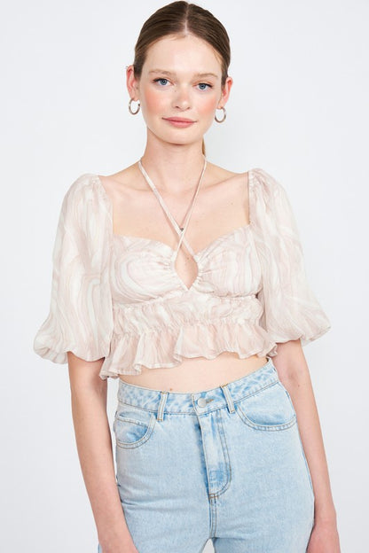 BUBBLE SLEEVE RUCHED CROP TOP