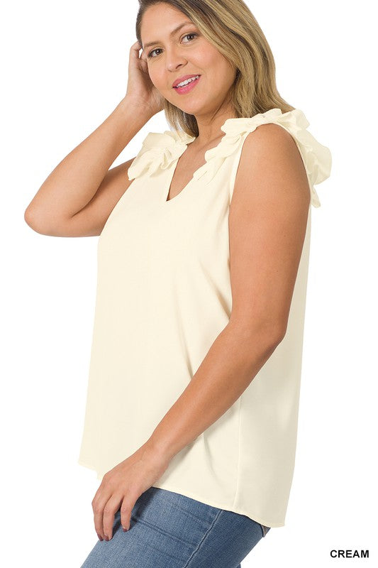 Plus Woven Wool Dobby Ruffle Trim Sleeveless Top