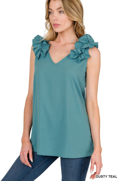 Woven Wool Dobby Ruffle Trim Sleeveless Top