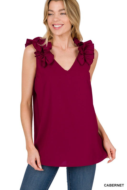 Woven Wool Dobby Ruffle Trim Sleeveless Top