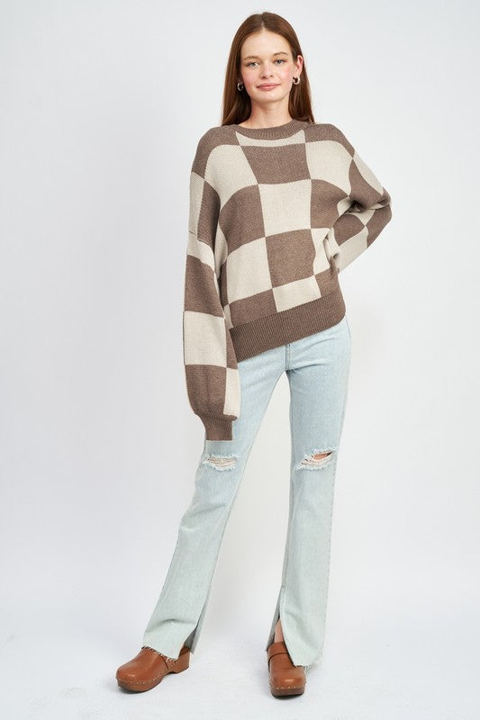 CHECKERED SWEATER WITH BUBBLE SLEEVES