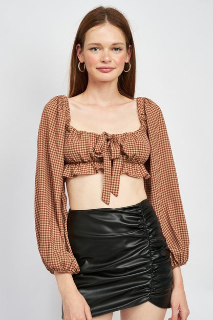 GINGHAM SQUARE NECK CROP TOP WITH RUFFLE DETAIL