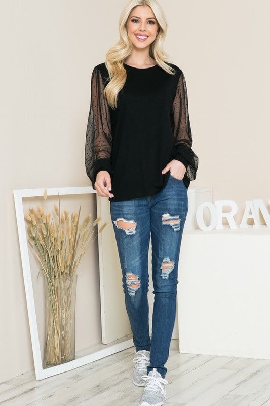 Mesh Dot Puff Sleeve Knit Top