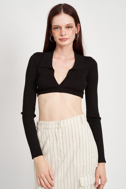 COLLARED V NECK CROP TOP