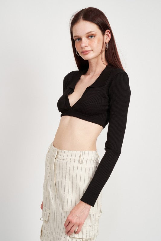 COLLARED V NECK CROP TOP