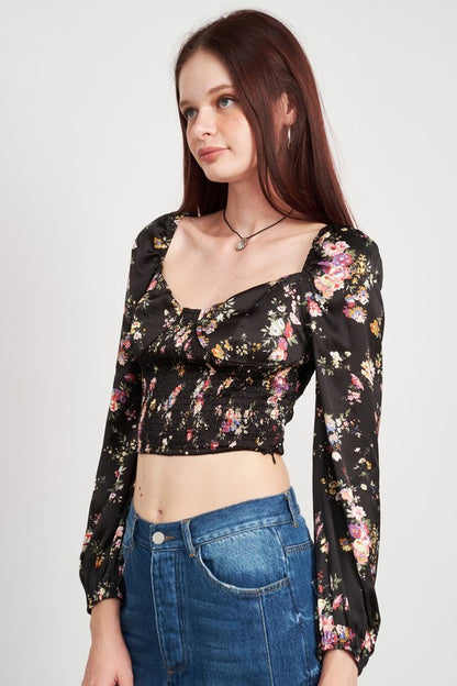 FLORAL CROPPED TOP WITH SMOCKING