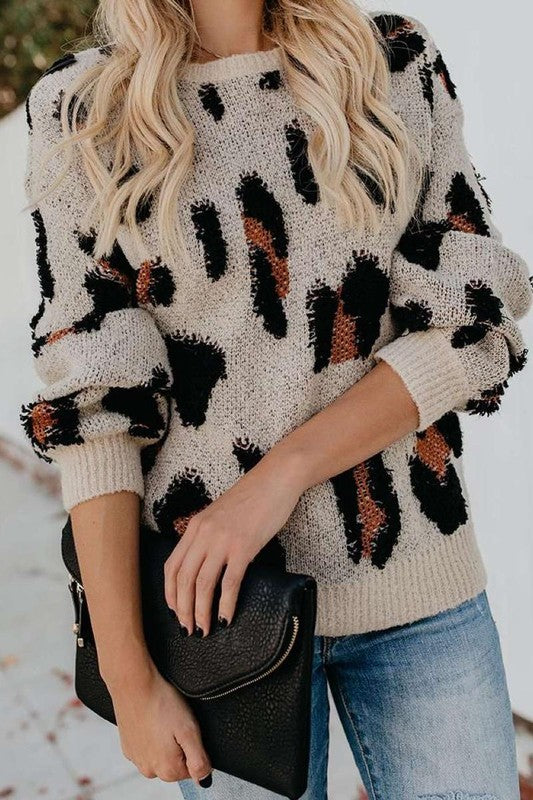 Cheetah Round Neck Knit Sweater