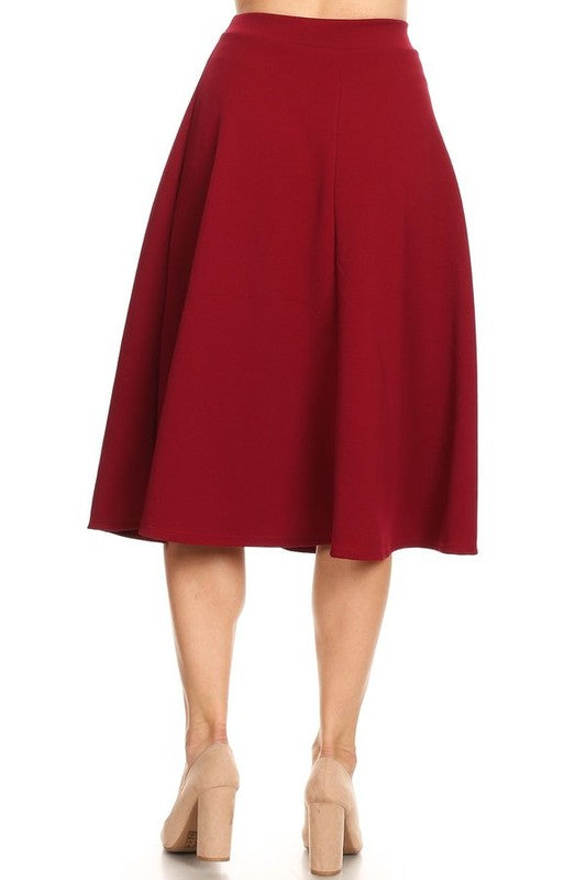 Solid high waisted, A-line, midi skirt