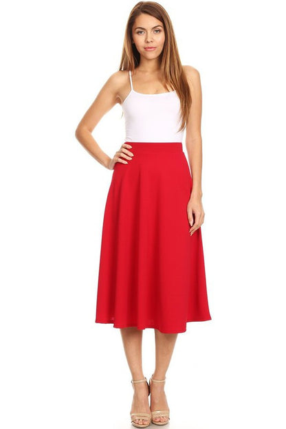 Solid high waisted, A-line, midi skirt