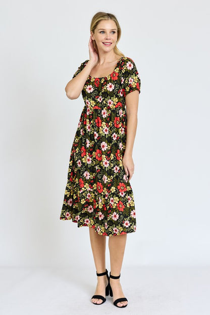 Floral Square Neck Puff Sleeve Boho Dress