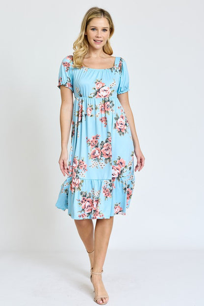 Floral Square Neck Puff Sleeve Boho Dress