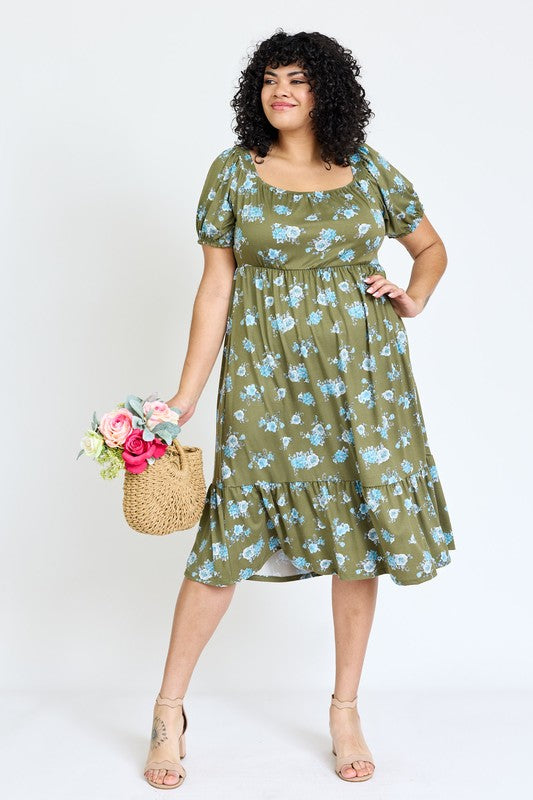 Plus Floral Square Neck Puff Sleeve Boho Dress