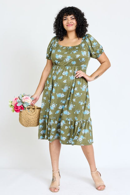 Plus Floral Square Neck Puff Sleeve Boho Dress