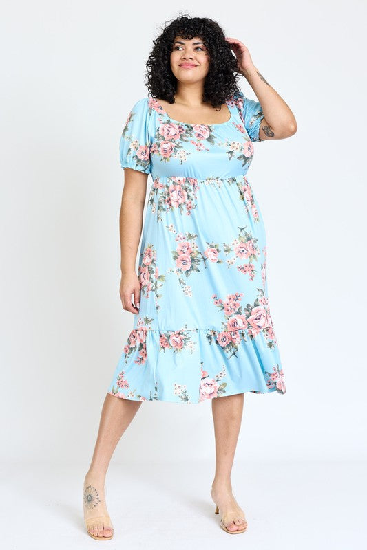 Plus Floral Square Neck Puff Sleeve Boho Dress