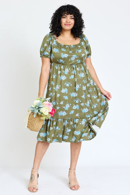 Plus Floral Square Neck Puff Sleeve Boho Dress