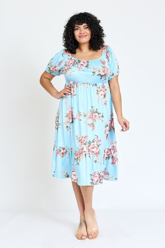 Plus Floral Square Neck Puff Sleeve Boho Dress