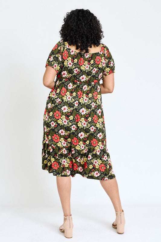 Plus Floral Square Neck Puff Sleeve Boho Dress