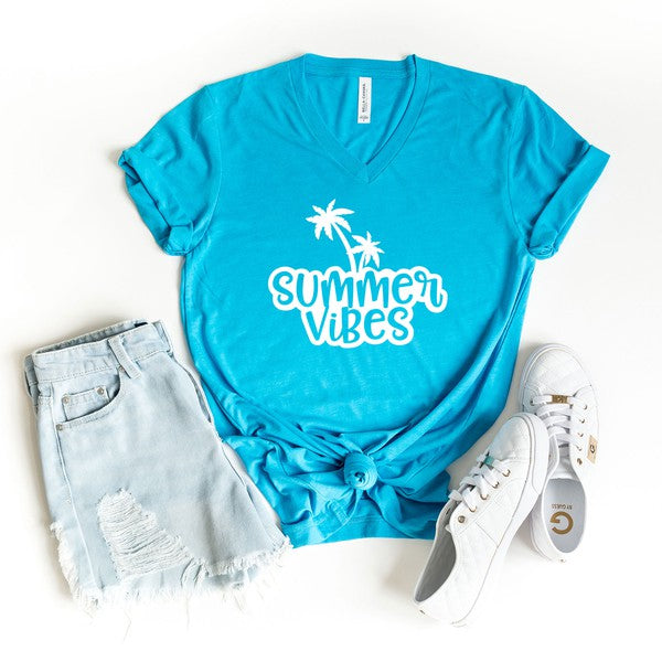 Summer Vibes Cursive Palm Trees Graphic V-Neck Tee