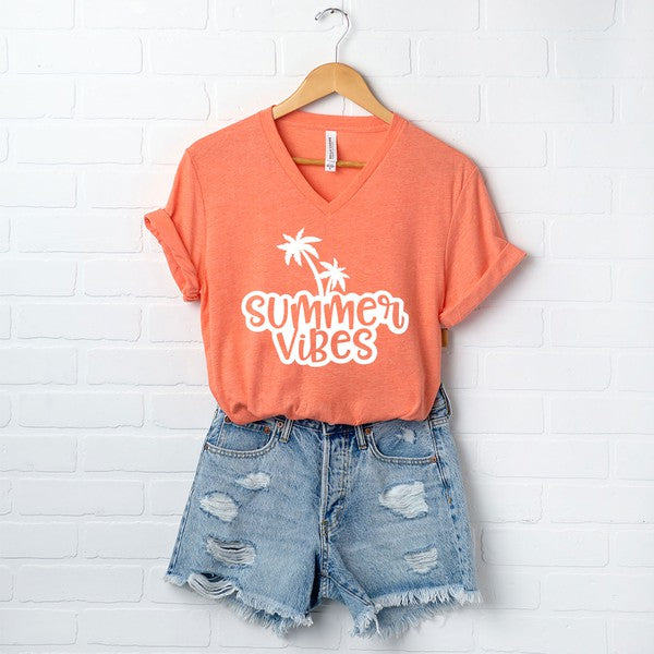 Summer Vibes Cursive Palm Trees Graphic V-Neck Tee