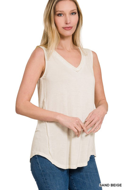 Washed Sleeveless V-Neck Top with Hi-Low Hem