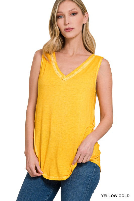 Washed Sleeveless V-Neck Top with Hi-Low Hem