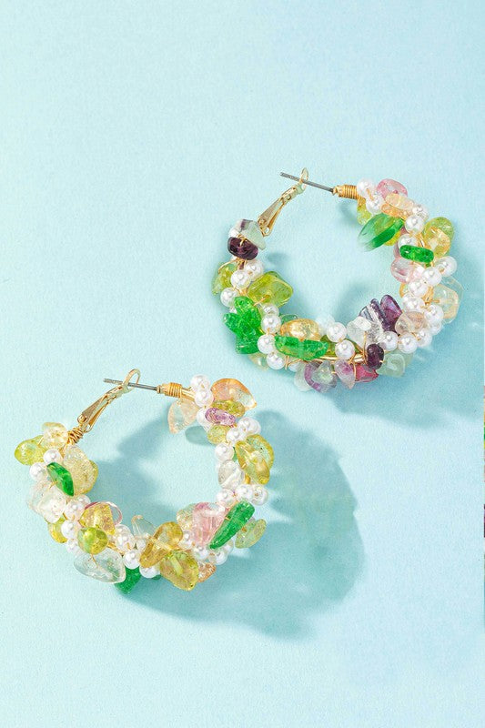 Agate and pearl braided hoop earrings