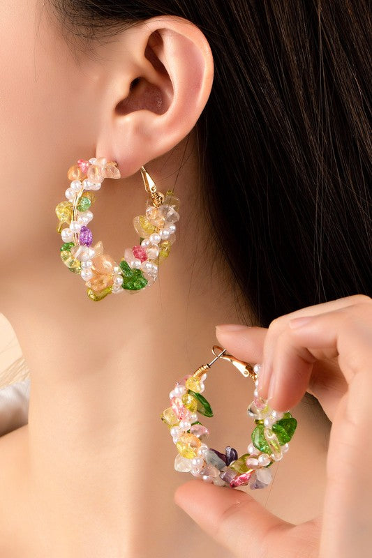 Agate and pearl braided hoop earrings