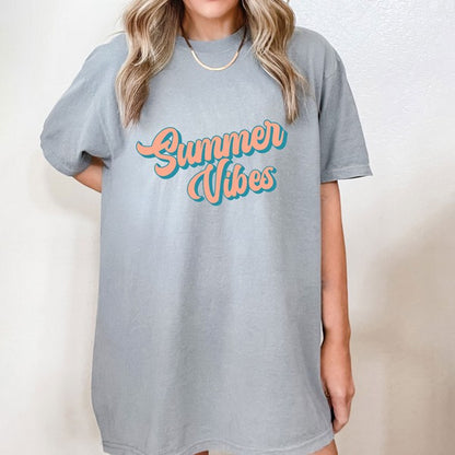 Summer Vibes Colorful Cursive Garment Dyed Tee