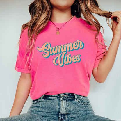 Summer Vibes Colorful Cursive Garment Dyed Tee