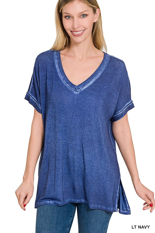 Washed Short Sleeve V-Neck Top W/ Hi-Low Hem