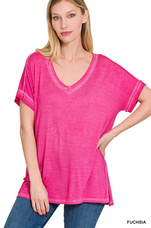 Washed Short Sleeve V-Neck Top W/ Hi-Low Hem