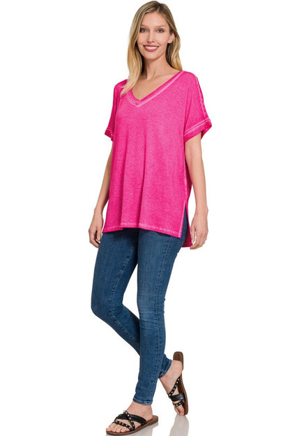 Washed Short Sleeve V-Neck Top W/ Hi-Low Hem